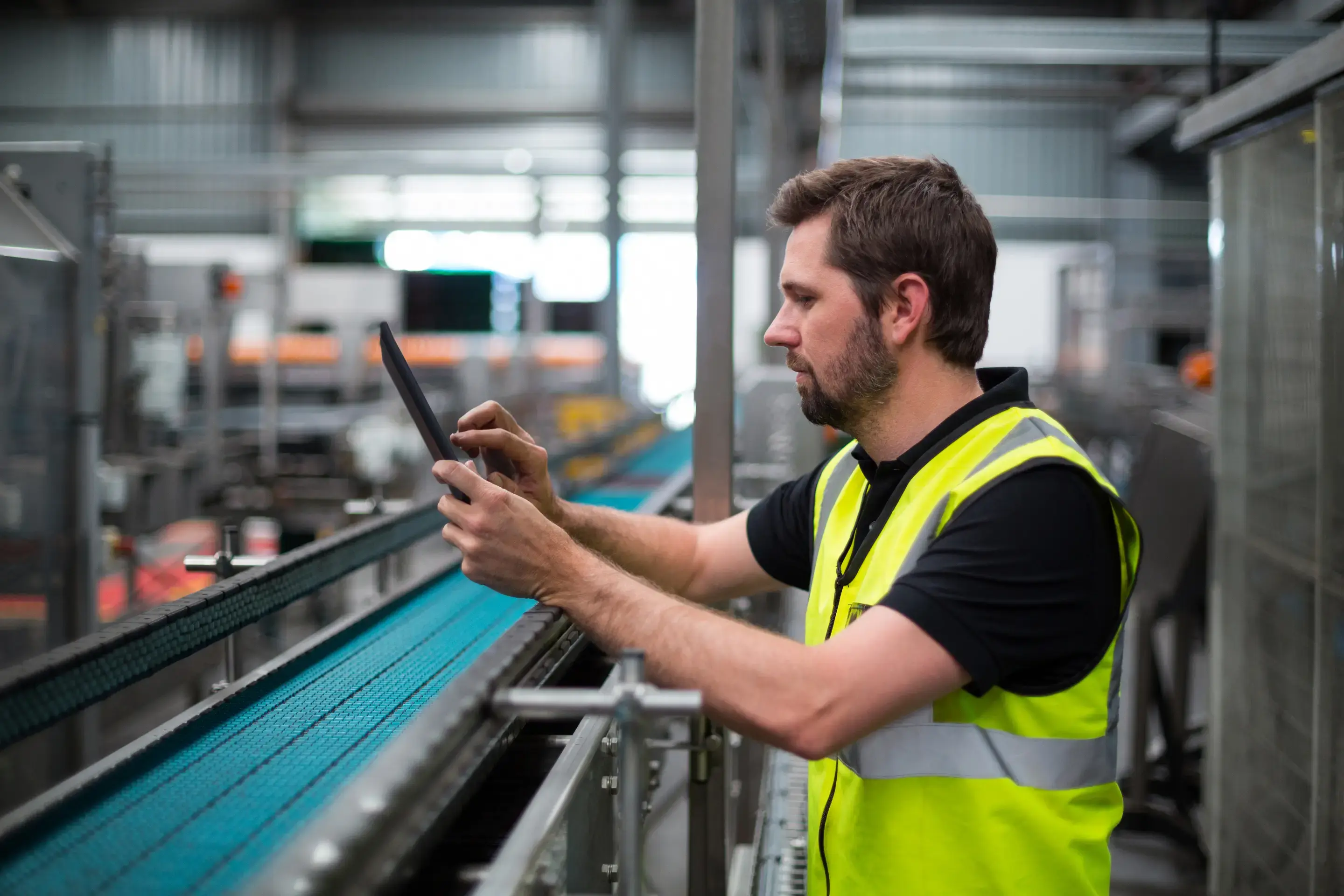 Warehouse worker using device