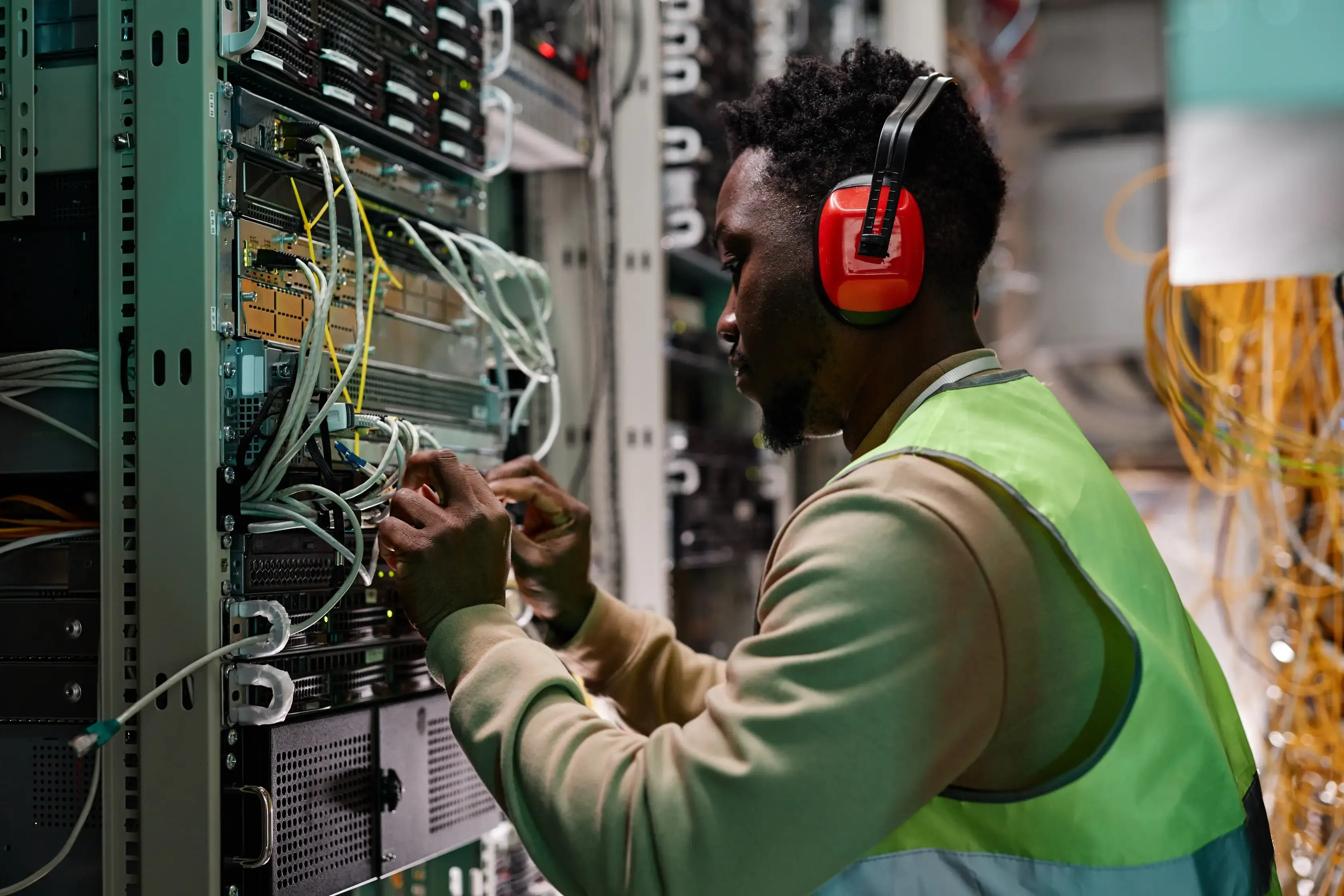 Young technician setting up network 